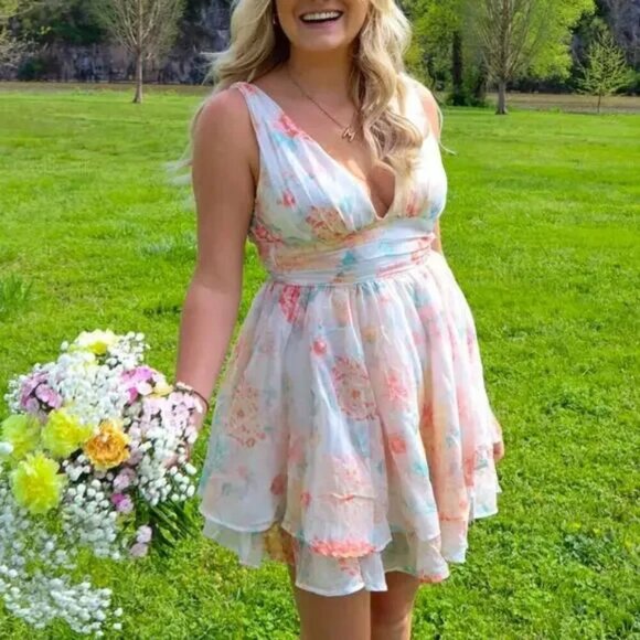 Abercrombie & Fitch Flirty Drama Ruffle Mini Dress Pastel Floral Size Large - Picture 2 of 11